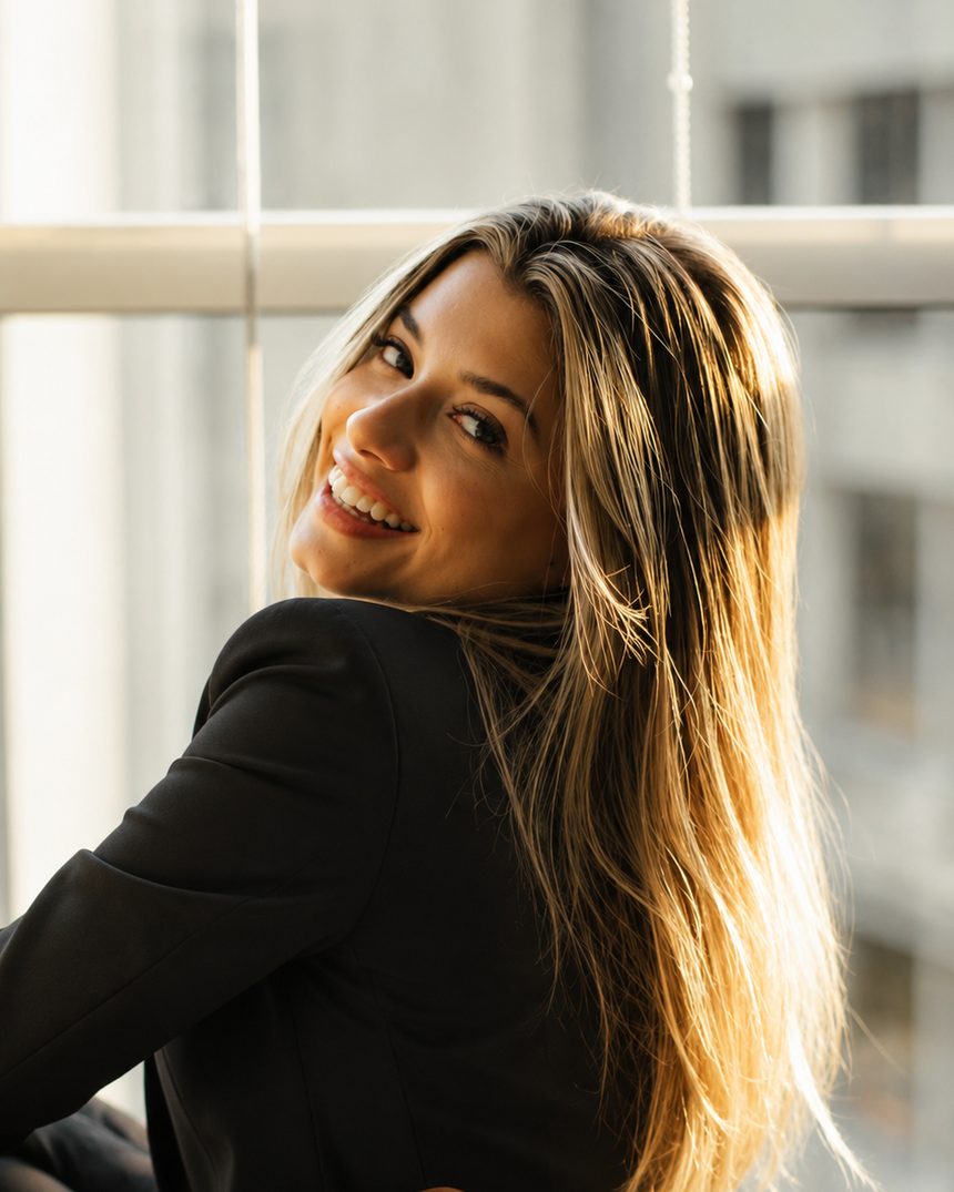 Fundadora da RVA sorrindo, à luz da janela